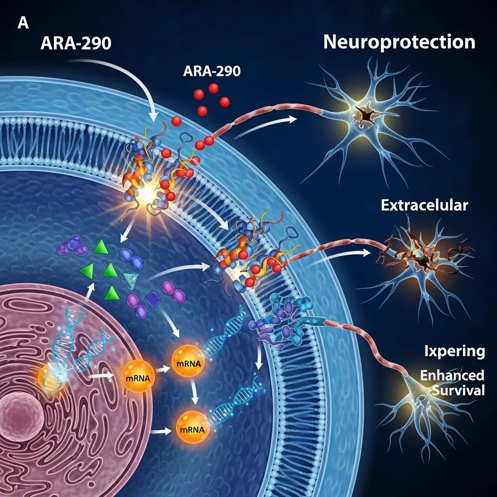 Illustration of ARA-290's mechanism of action, highlighting the activation of the innate repair receptor in cellular signaling
