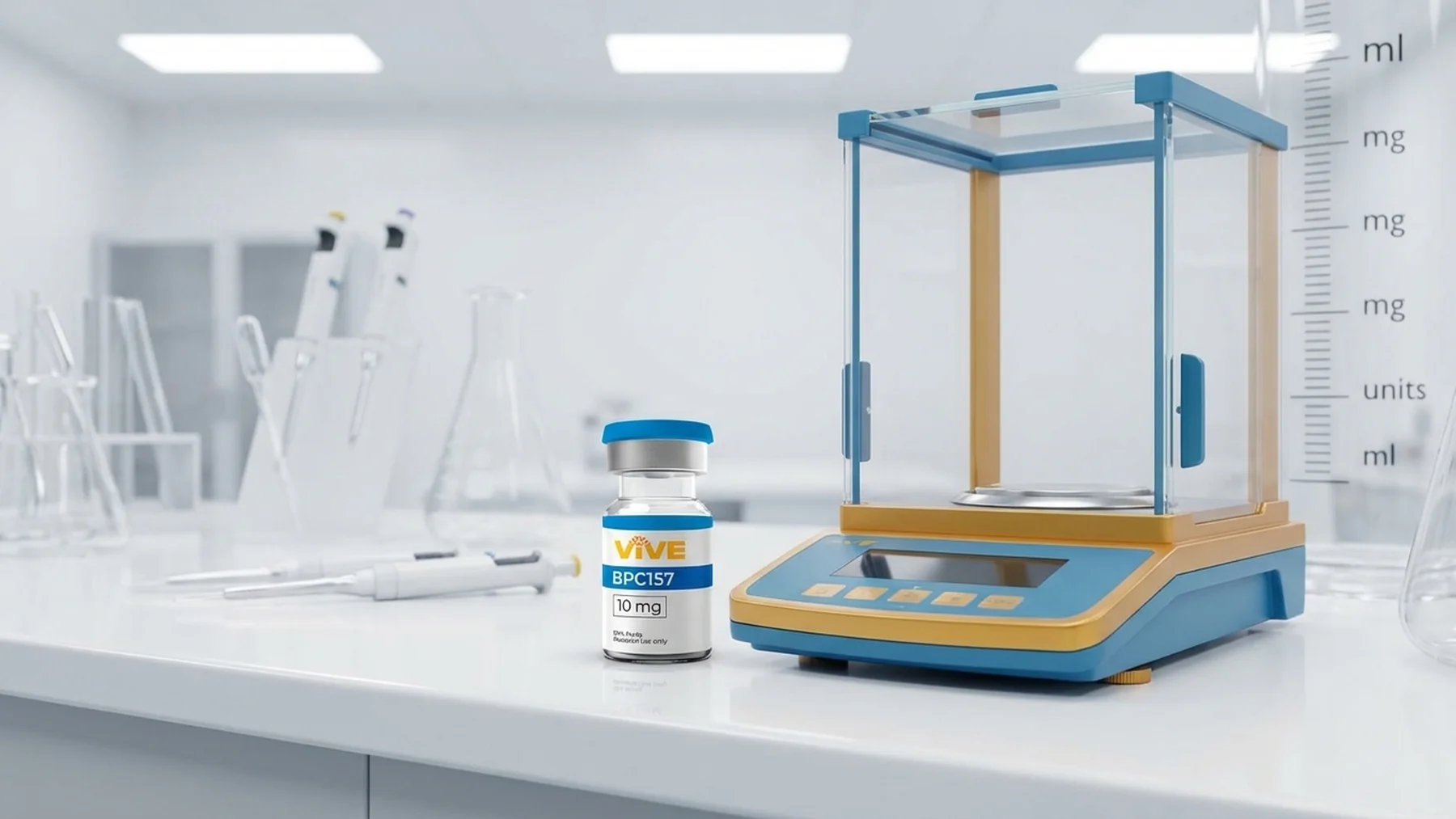 VivePeptides BPC-157 research vial beside a precision analytical scale in a white laboratory