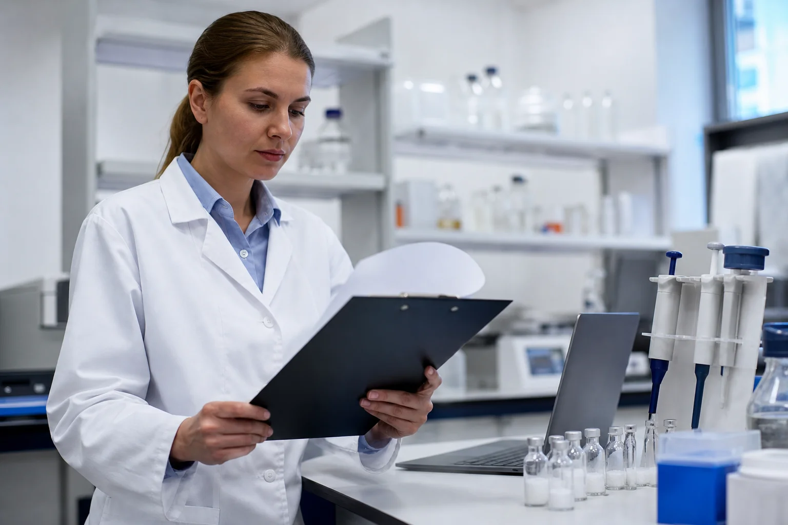 Research scientist in a modern clinical laboratory reviewing peptide regulatory documentation and compound data