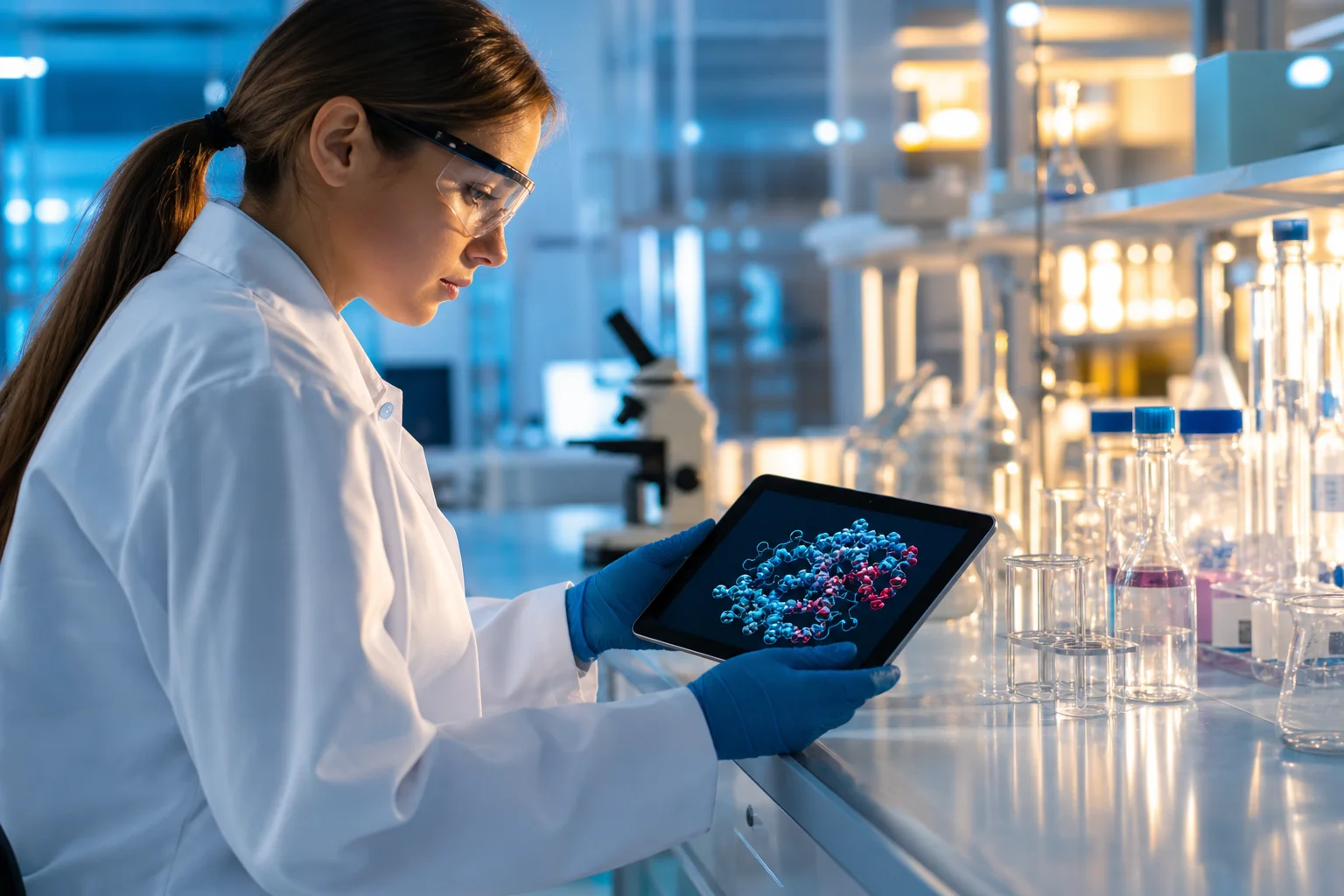 Researcher reviewing peptide molecular data on a tablet in a modern scientific laboratory