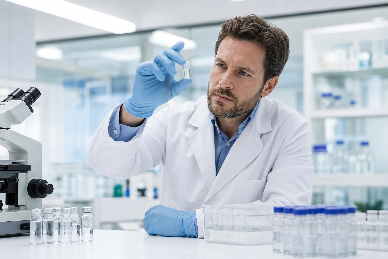 Scientist in a sterile research laboratory examining peptide vials representing growth hormone-releasing hormone analog research