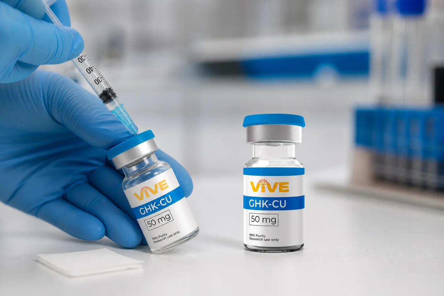 GHK-Cu peptide vial and bacteriostatic water reconstitution supplies arranged in a research lab setting