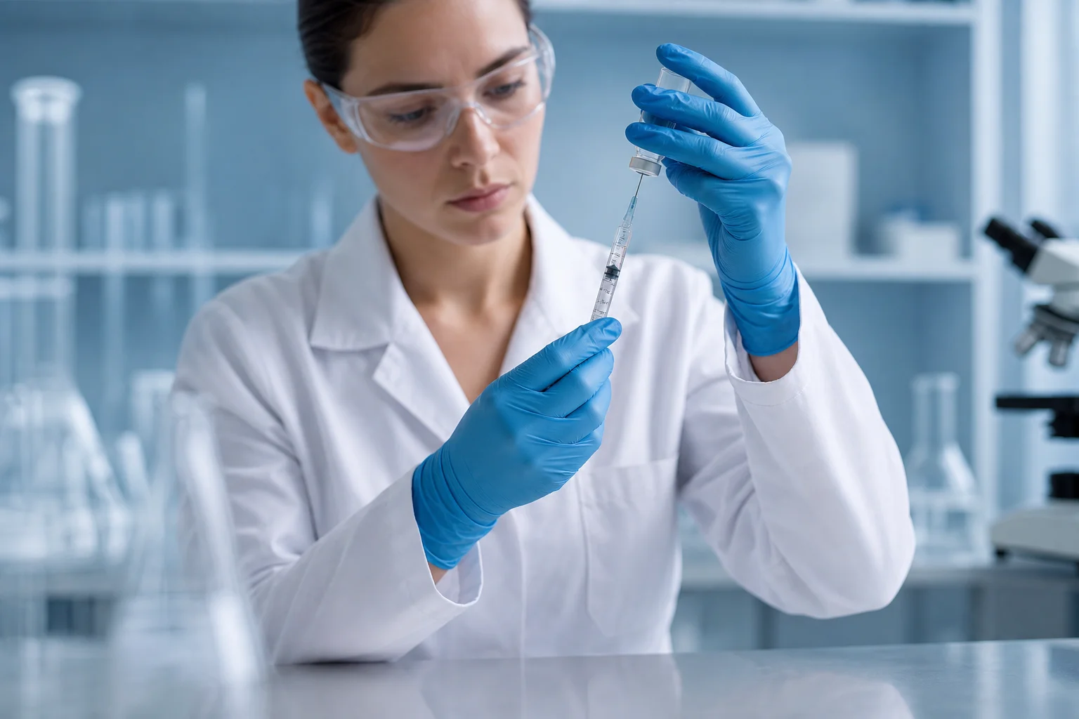 A researcher drawing reconstituted peptide solution from a VivePeptides vial into an insulin syringe in a sterile laboratory environment