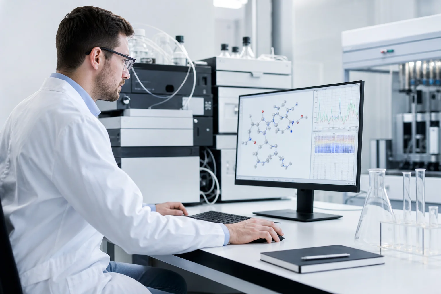 A scientist analyzing peptide molecular structures and amino acid chain models at a modern research workstation with synthesis equipment in the background