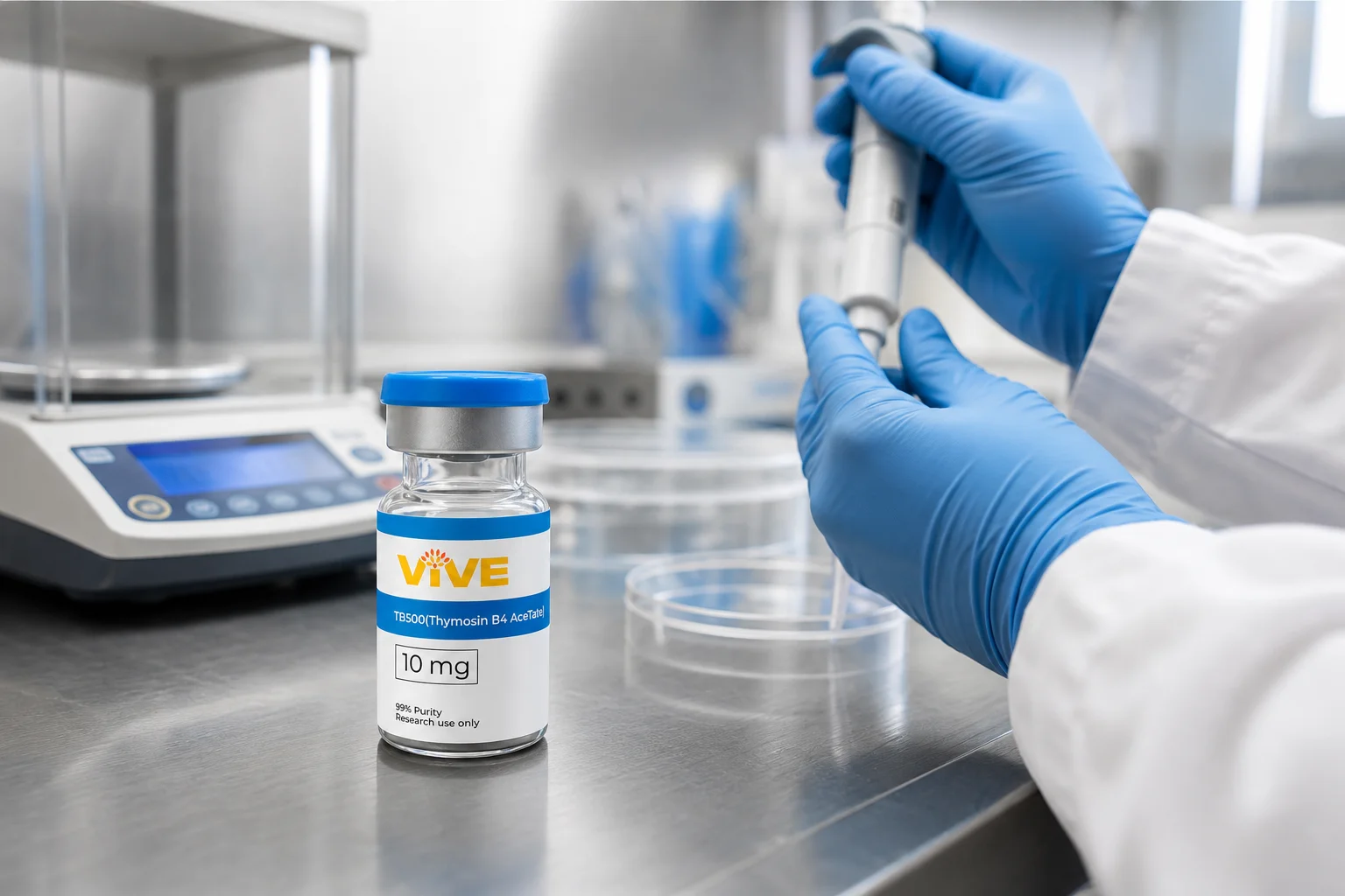 Researcher's gloved hands adjusting a precision pipette during a peptide reconstitution study in a research laboratory