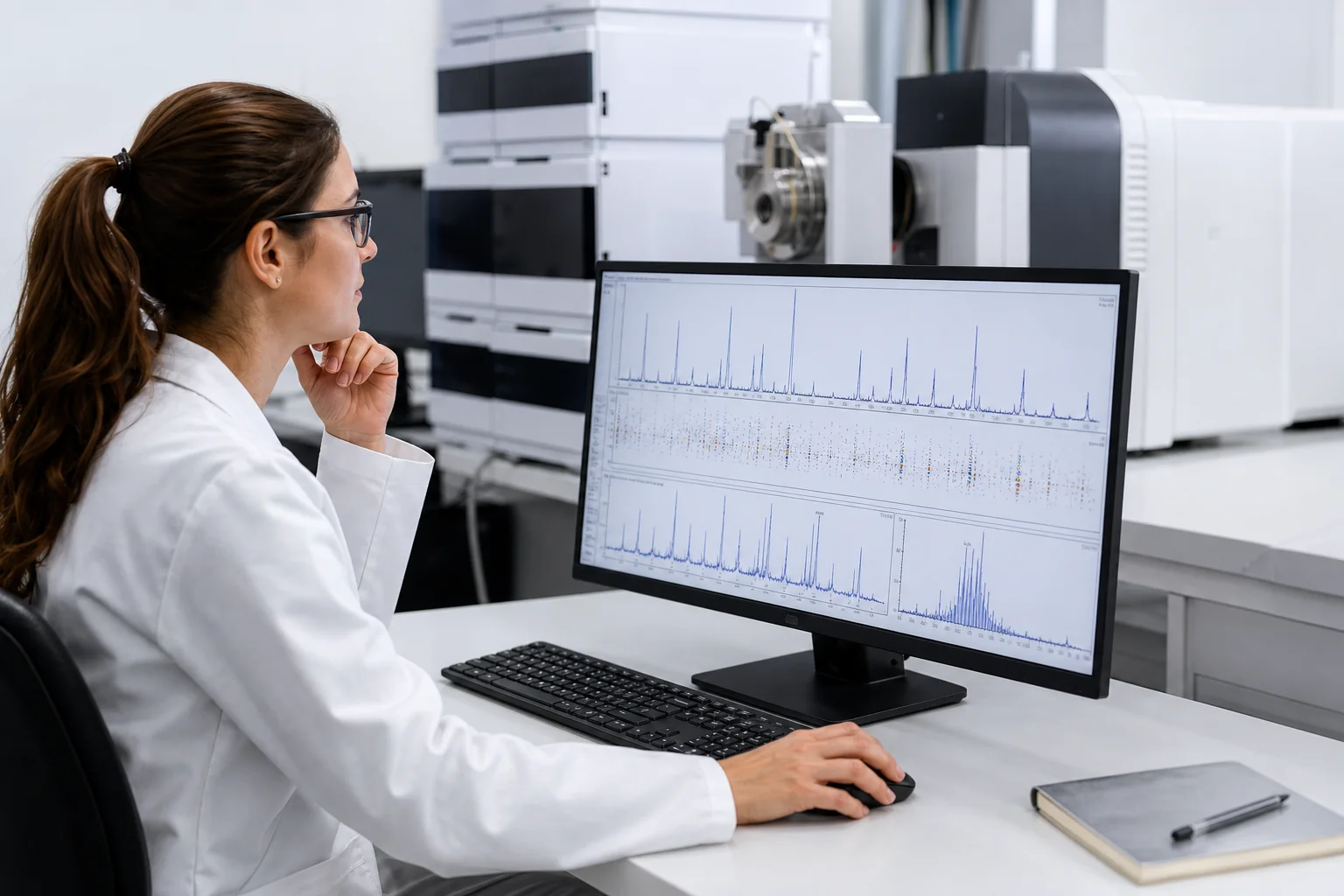 Analytical chemist reviewing mass spectrometry data on a monitor in a modern research laboratory, no product labels visible