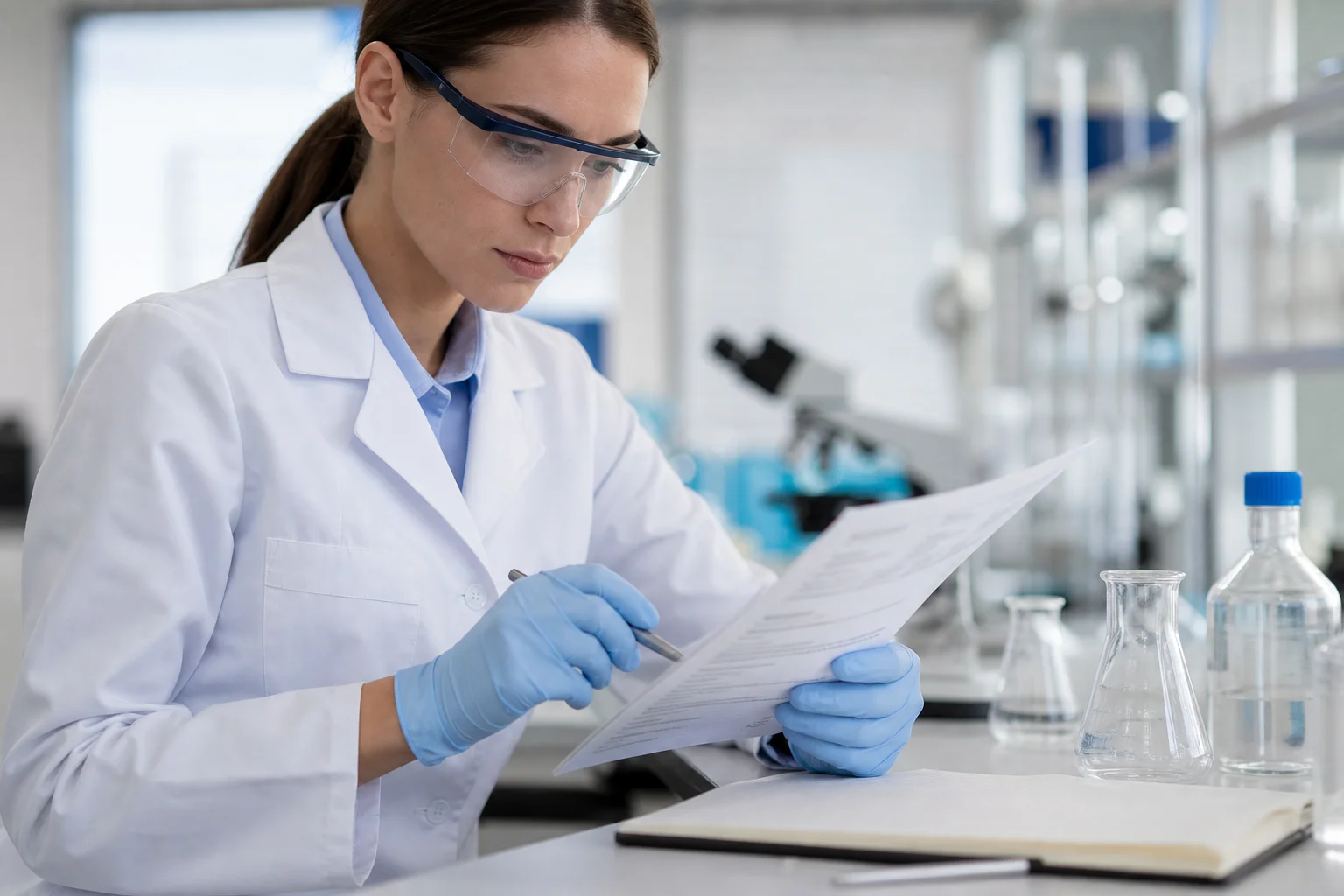 Researcher's gloved hand holding a certificate of analysis beside a VivePeptides peptide vial on a lab bench