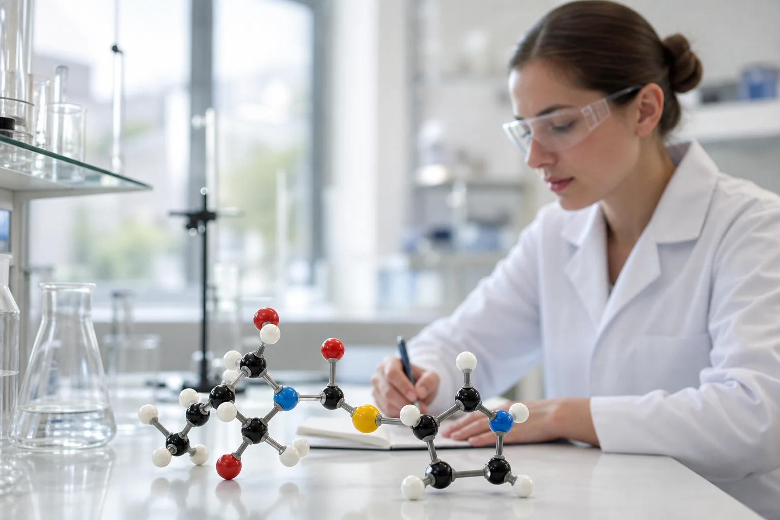 Molecular model illustrating two amino acids joined by a peptide bond in a laboratory setting