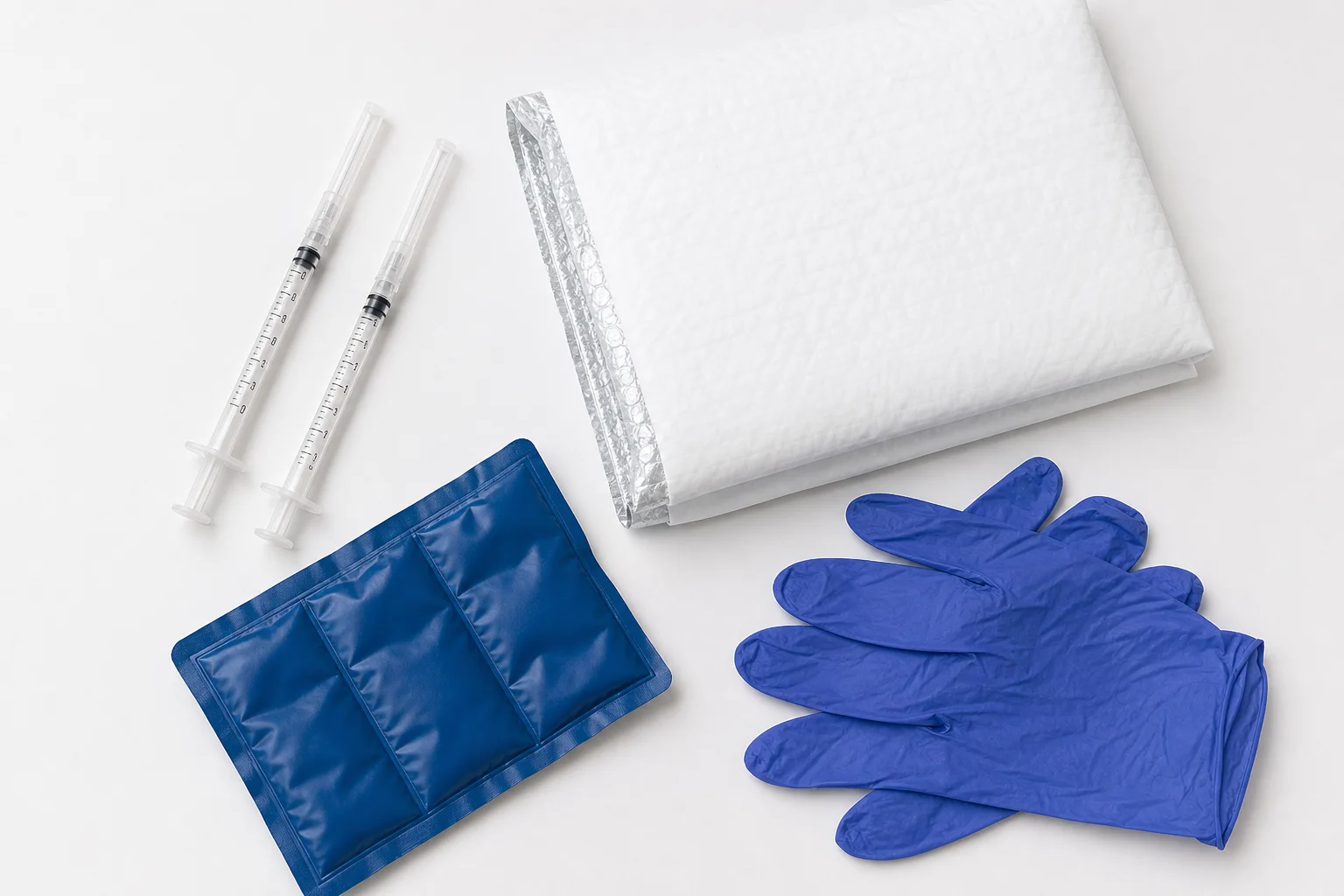 Flat-lay of syringes, insulated packaging, and a cold pack used to ship peptide research orders