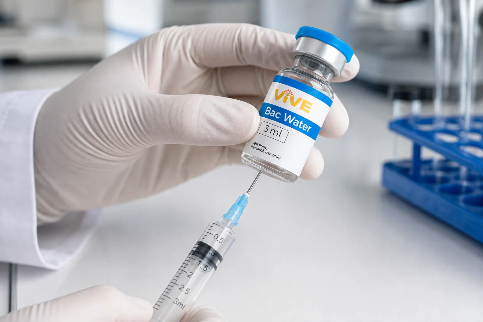 Gloved hands drawing bacteriostatic water from a VivePeptides vial into a syringe for peptide reconstitution
