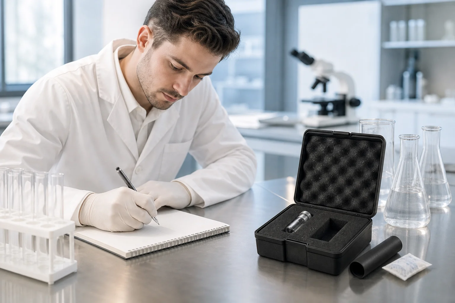 A vial case with foam slots holding a research vial next to a light blocking sleeve and a desiccant pack on a lab bench