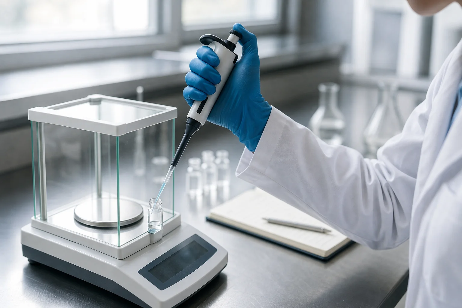 Close-up of a gloved researcher using a micropipette and analytical balance in a peptide research lab