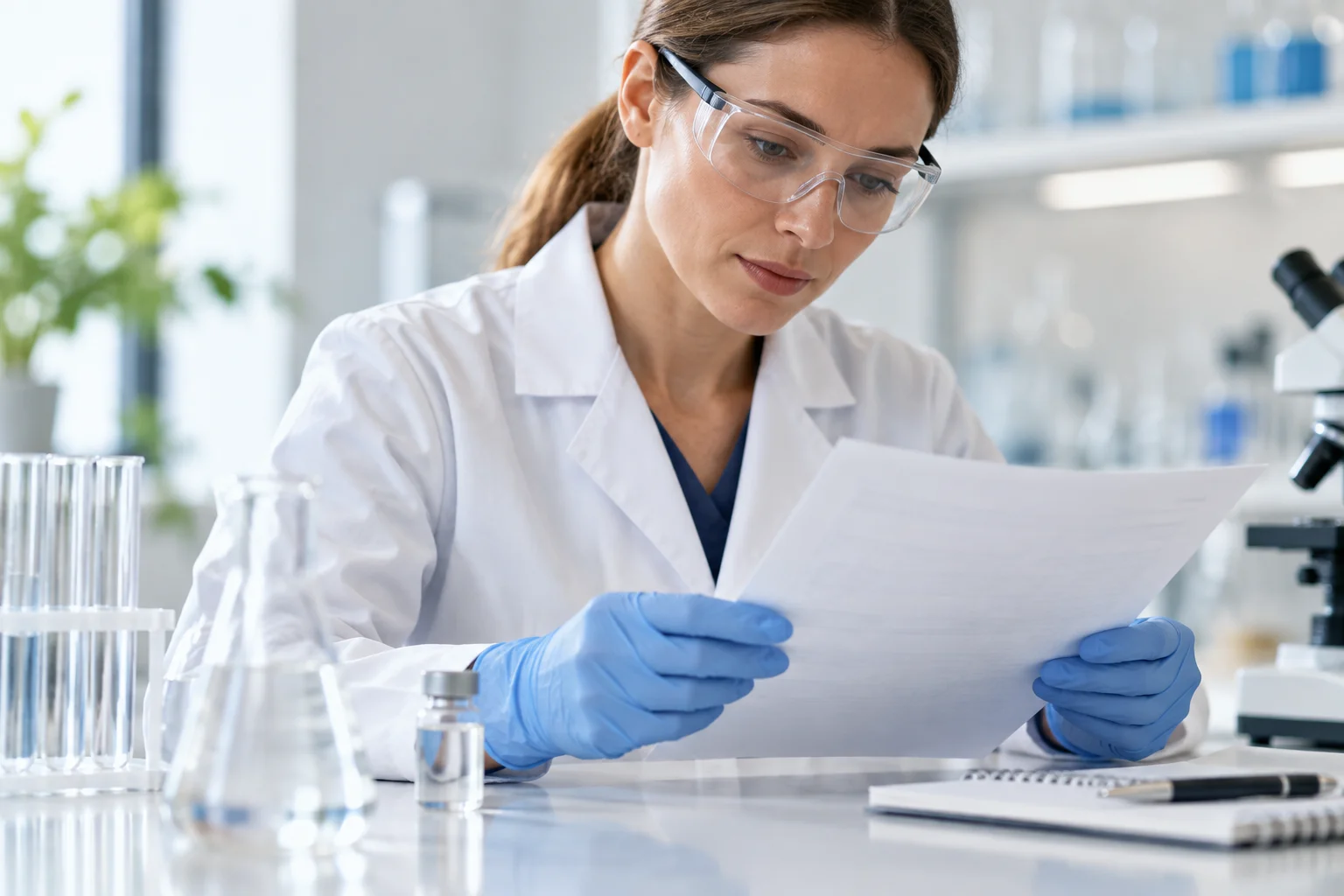 Researcher reviewing a peptide certificate of analysis next to a lab vial in a clean laboratory setting