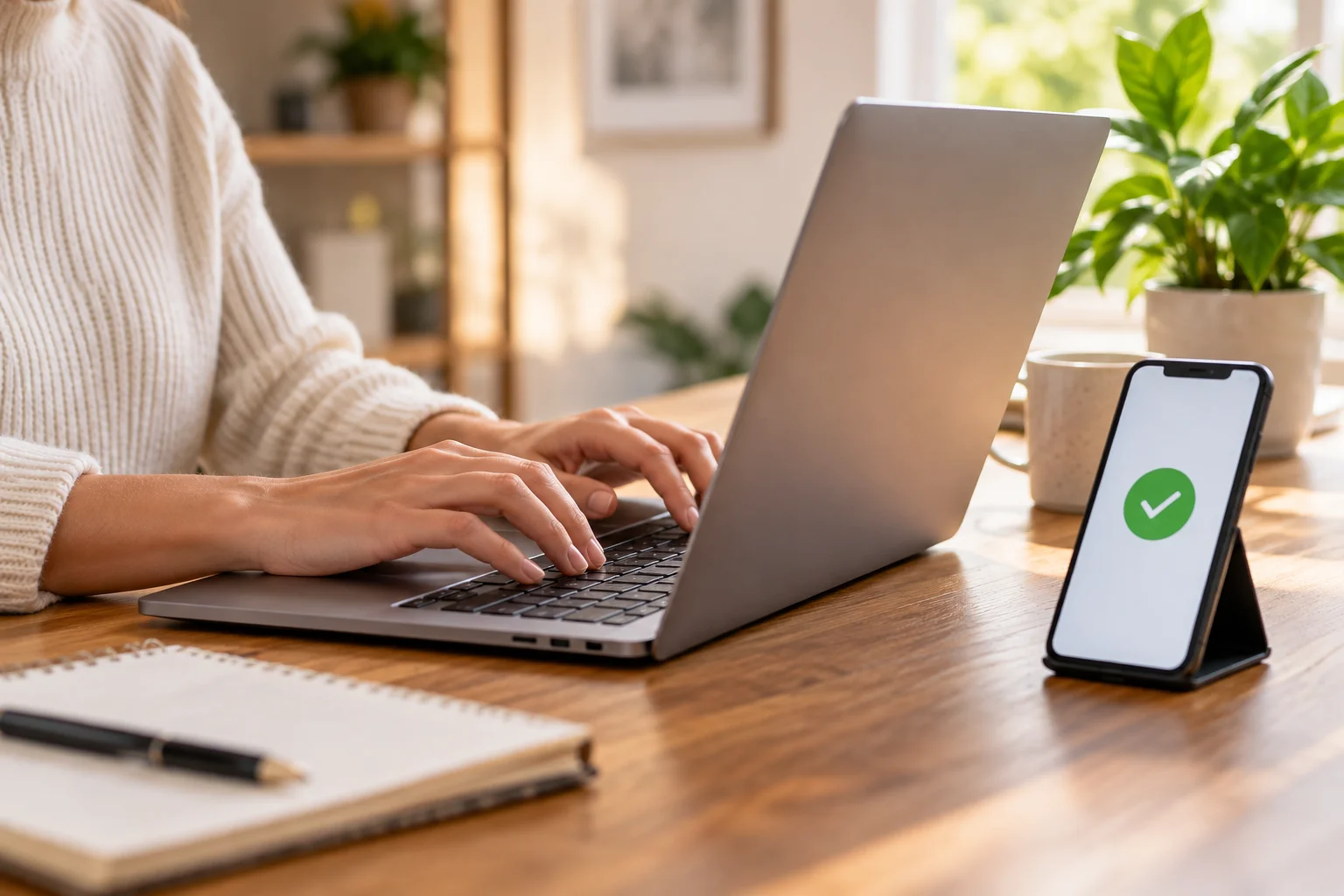 Hands typing on a laptop beside a smartphone showing a secure payment confirmation screen