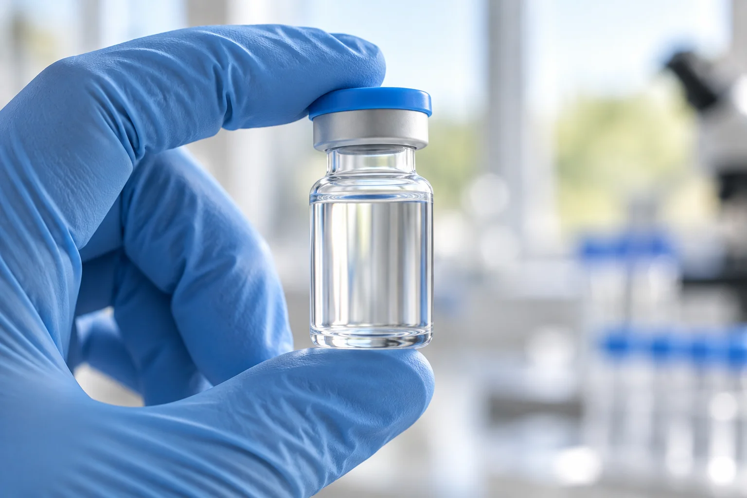 Gloved hand inspecting a research vial of bacteriostatic water for clarity and contamination signs