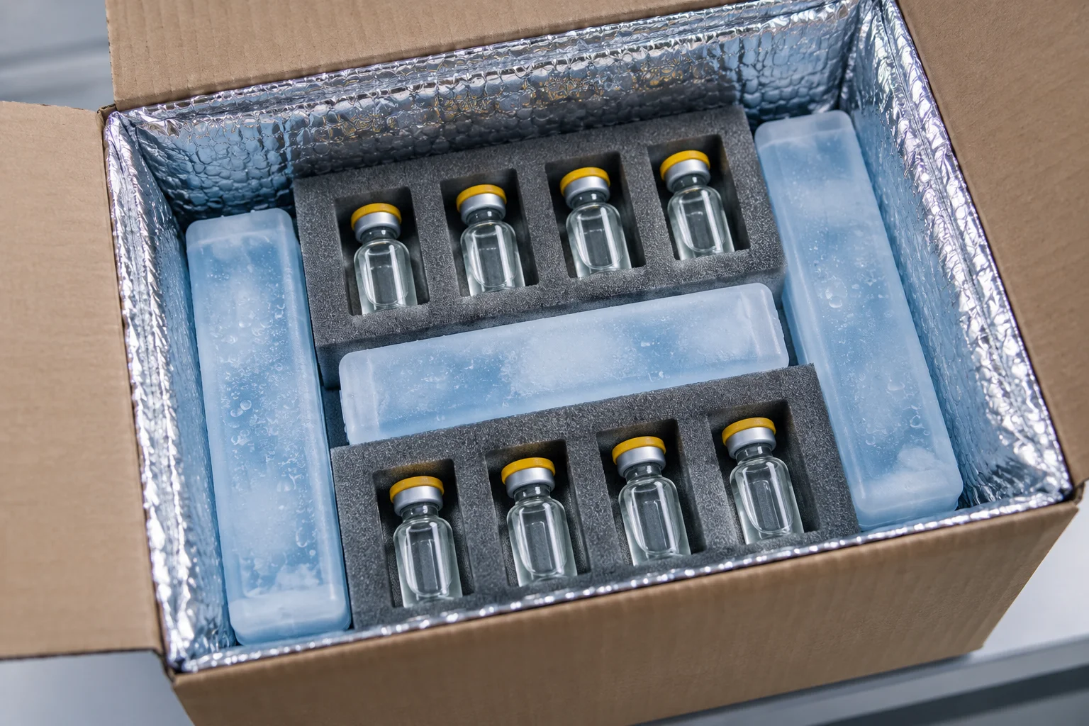Open insulated shipping box with several VivePeptides vials nested among gel ice packs