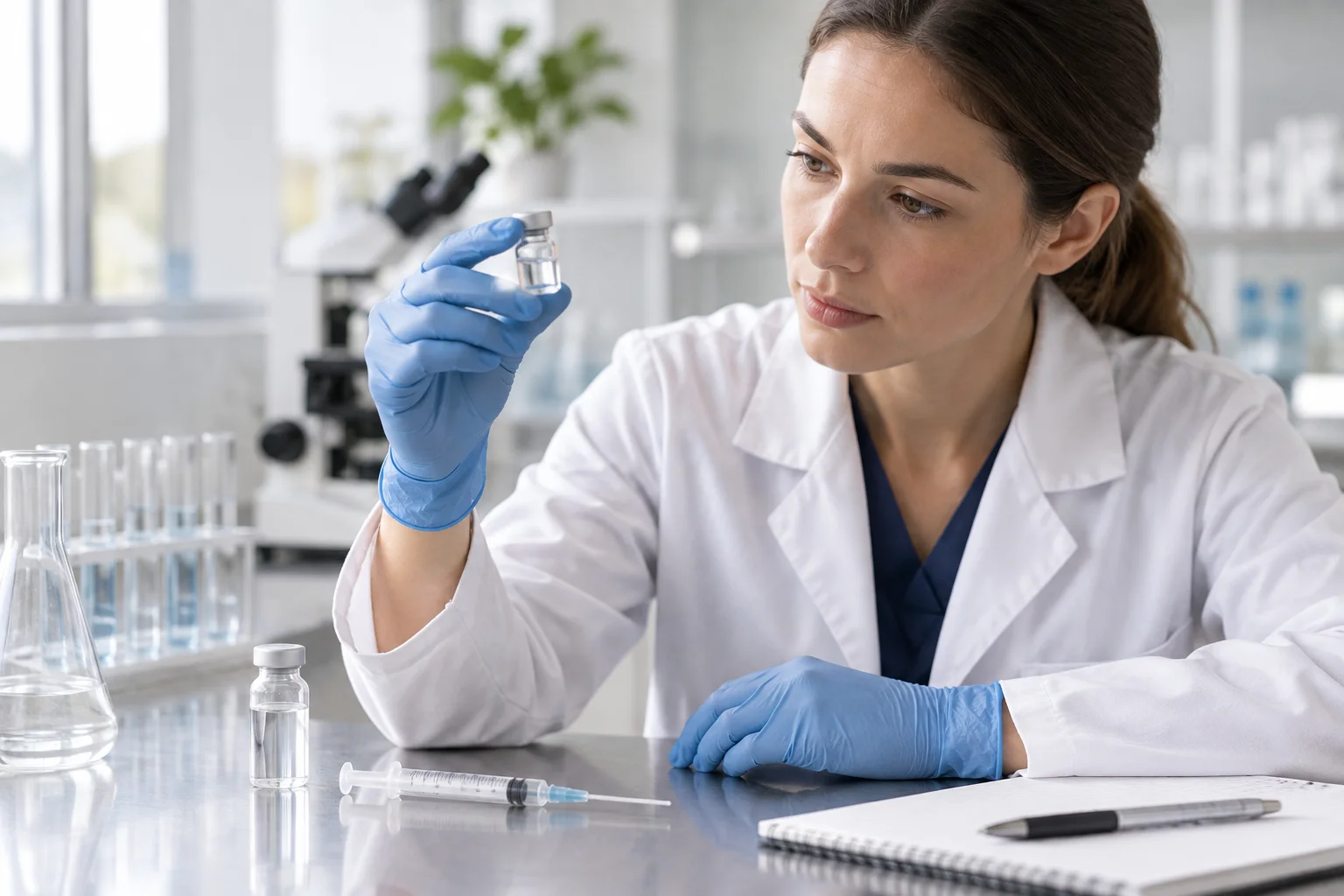 Researcher holding a VivePeptides vial beside a syringe and bottle of bacteriostatic water on a lab bench