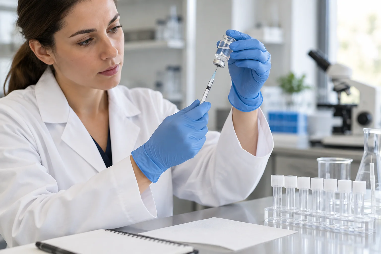 Gloved hands drawing peptide solution from a reconstituted vial into an insulin syringe for aliquoting