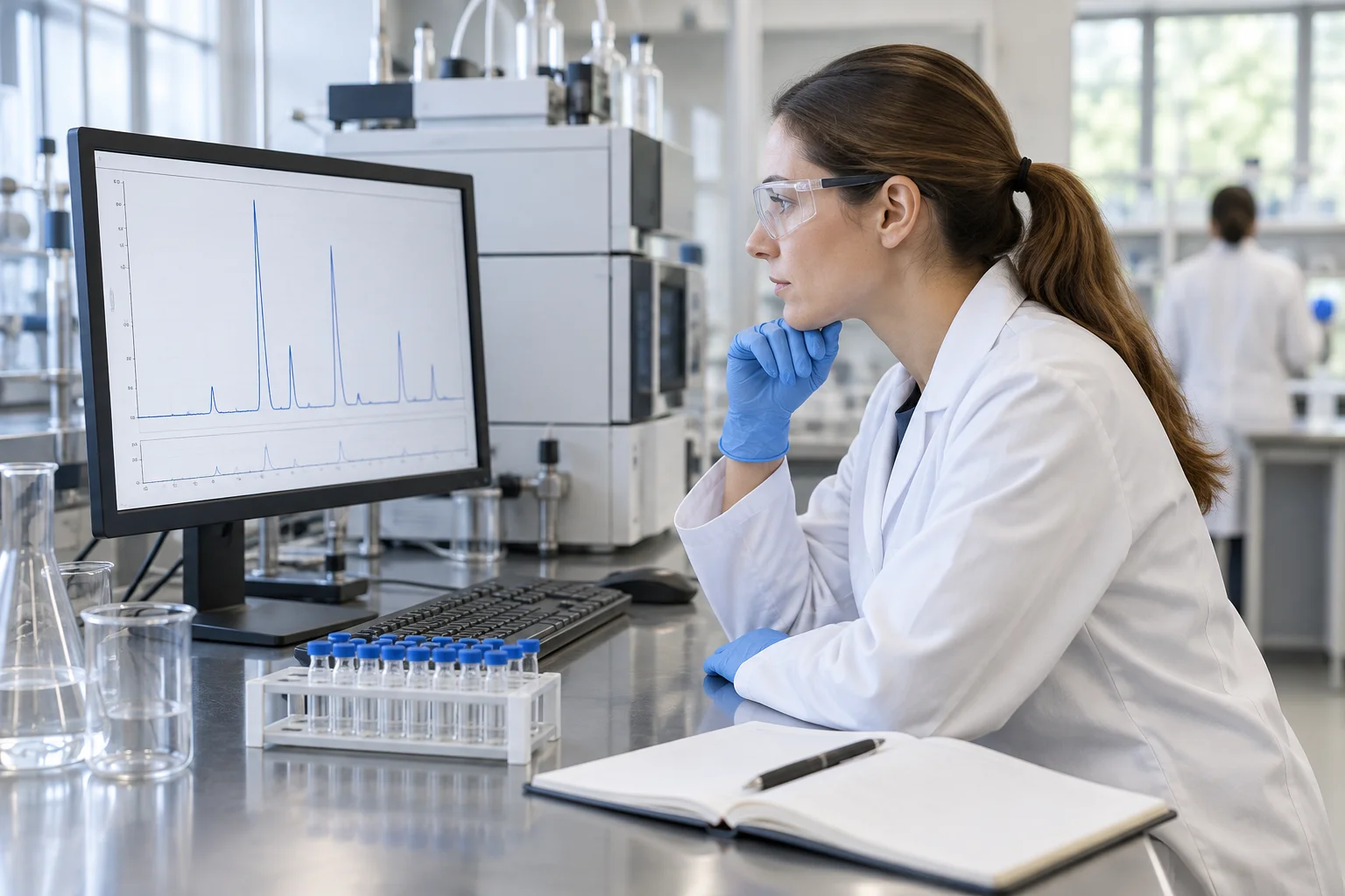 Lab technician reviewing an HPLC chromatography readout beside peptide vials on a testing bench